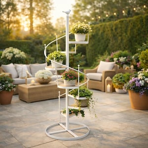 May include: A white metal plant stand featuring a spiral staircase design with multiple circular shelves for potted plants. The structure includes a central pole topped with a small bird figurine and a circular base for stability on the ground.