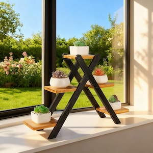 May include: A black and natural wood plant stand with three shelves, each holding a small succulent in a white ceramic pot. The stand is positioned in front of a window with a view of a green yard and blue sky.