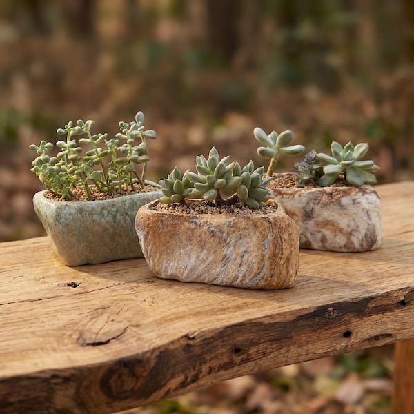 5.5" Ceramic Succulent Planters Set of 3 | Stone-Style Rectangle Pots with Drainage | Cactus Window Box Decor | Gift for Mom, Sister, Aunt