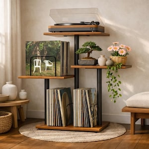 May include: A multi-tiered wooden record storage stand with black metal supports. The top shelf holds a turntable, while lower shelves feature vinyl record collections in black wire dividers. A bonsai tree and a small potted plant sit on a side shelf.