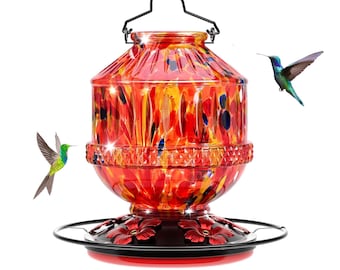 Hand Blown Glass Hummingbird Feeder | Solar LED Lights & Ant Moat | Large 25oz Capacity | Leak Proof Garden Gift for Bird Lover
