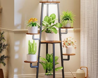 7-Tier Indoor Plant Stand with Grow Lights, Tall Corner Metal Shelf for Multiple Plants, Space-Saving Plant Organizer Rack