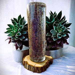 Puede incluir: Un vaso cilíndrico transparente lleno de purpurina dorada y morada brillante, sobre una rodaja de madera natural. A ambos lados del vaso, dos suculentas en macetas con hojas verdes y moradas, sobre un fondo blanco.