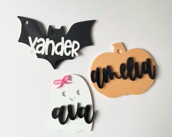 Personalized Acrylic Halloween Basket Tag: Custom Name, Bat, Ghost, Pumpkin