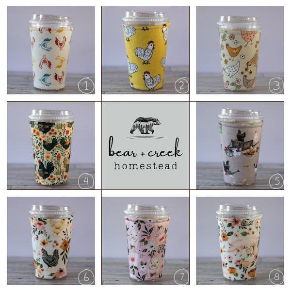 Chicken Cup Sleeves, Insulated Drink Covers, Printed Handmade, Farm Animals, Sheep, Pigs, Homesteader Gifts