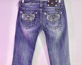 miss me? ⋆ medium wash 2000’s vera bradley styled low-rise bootcut embellished  jeans. flattering vintage grunge ~ mcbling piece