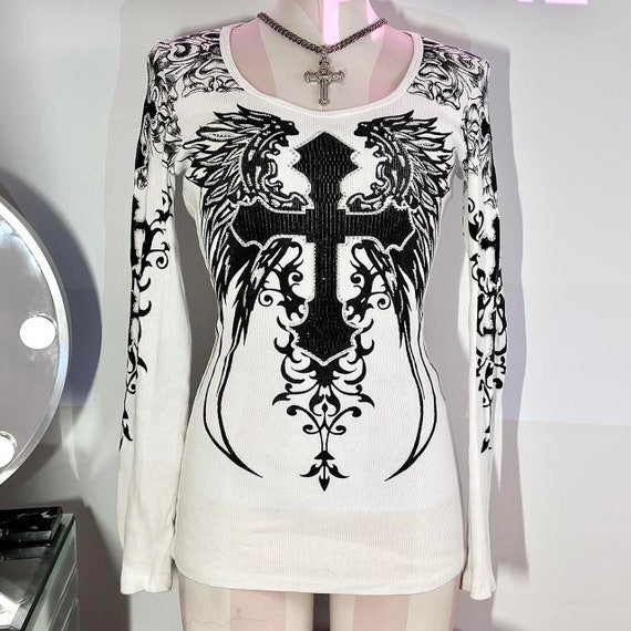 vocal white + black graphic cross embellished fit… - image 2