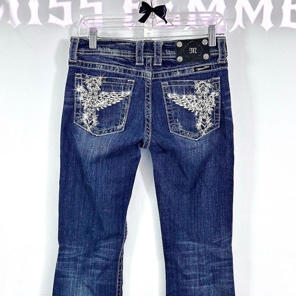 miss me? cross ~ angel wing 2000’s embellished low / mid -rise bootcut jeans. medium wash vintage grunge mcbling styled piece