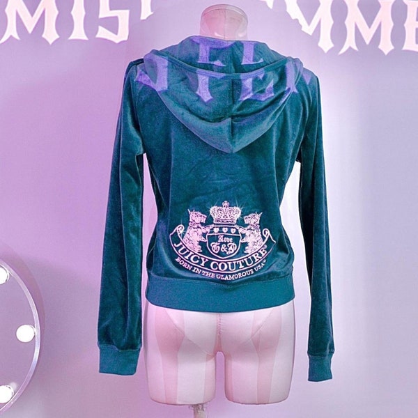 juicy couture velour 2000’s royal teal + baby pink subtle embellished scottie dog tracksuit top. rare glam ~ grunge style piece. flawless