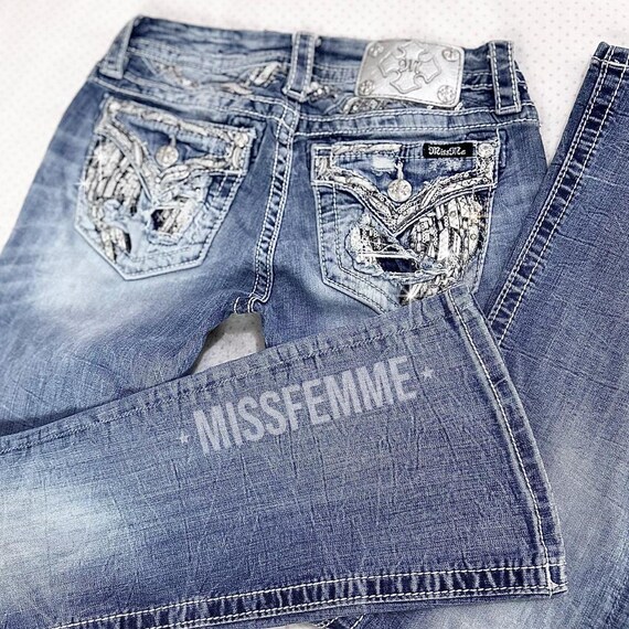 Miss Me 2000s Angel Wing Embellished Light Medium Wash Jeans. Vintage Grunge Mcbling Piece With a Bootcut Fit. Flawless Etsy