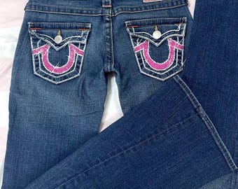 true religion 2000s hot pink embellished upcycled low-rise bootcut jeans. flawless glam grunge  piece (can be machine washed inside out)