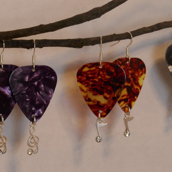 Music Lovers Dangle Earrings with Bass or Guitar Picks and Silver Notes - Purple/Green/Blue/Orange/Grey - Perfect Gift for Musician!