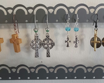 Orecchini pendenti con Croce Divina in 4 stili: tonalità argento, legno e oro - Regalo perfetto! - Adora Dio, prega Gesù Cristo, ama la misericordia cristiana