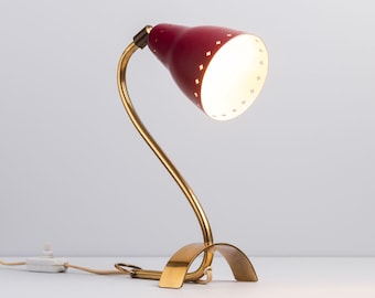 Brass wall or table lamp with perforated red metal shade 1950s Sweden