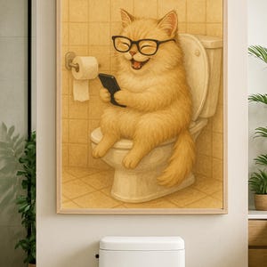 Cute Persian Cat Bathroom Wall Art | Funny Toilet Cat Printable | Cozy Digital Decor for Cat Owners