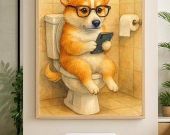 May include: A watercolor painting of a corgi wearing glasses and sitting on a toilet, holding a smartphone.
