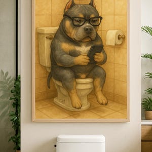 Divertente arte da bagno raffigurante un bullo americano / Cane da toilette stampabile / Decorazione da parete raffigurante un bullo / Download immediato