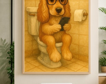May include: A digital painting of a brown and white dog wearing glasses and sitting on a toilet, holding a smartphone.
