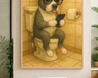 May include: A cartoon illustration of a dog wearing glasses and sitting on a toilet, holding a smartphone. The dog is in a bathroom with yellow tiled walls.