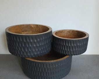 Black Mango Wood Bowl | Modern Wooden Fruit Bowl | Low Planter Bowl | Hand Carved Wood Bowl | Scandinavian Home Decor | Plant Pot Bowl