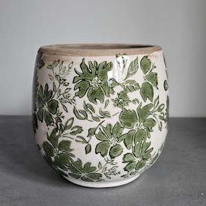 Doniczka w stylu vintage z motywem kwiatowym, zielona, ceramiczna, doniczka Cottagecore | Doniczka botaniczna w rustykalnym stylu z efektem spękania szkliwa, doniczka do roślin domowych
