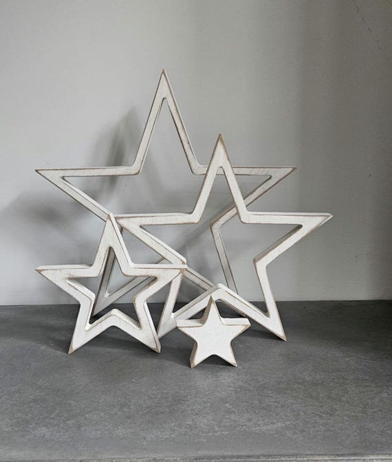 White Wooden STARS Set of 4 Standing Hanging Wood Star | Nordic