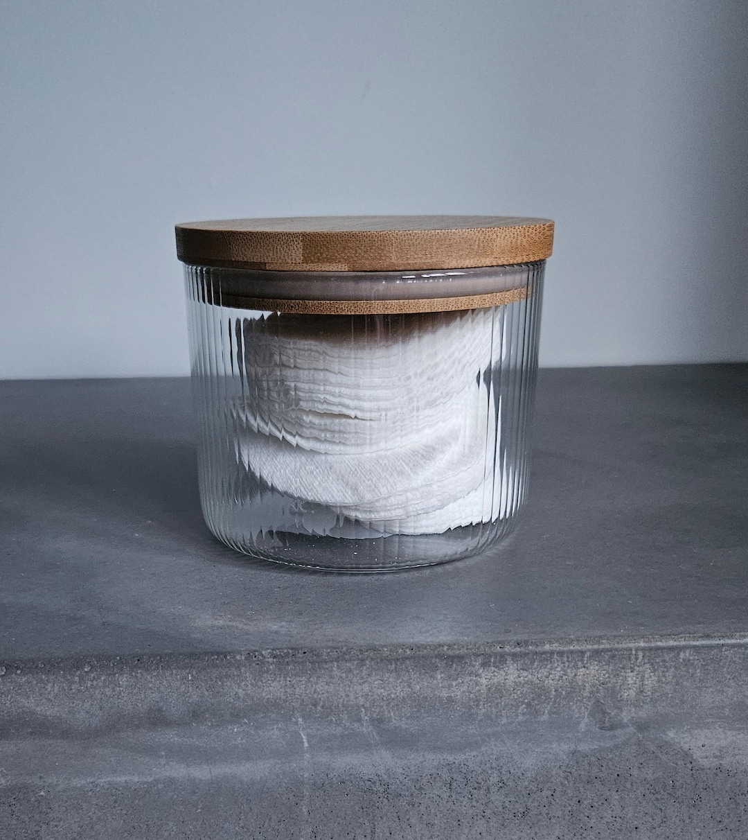 Bathroom Glass Jar Storage Pot Ribbed Glass Wood Lid Scandi