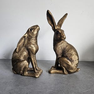 Bronzen haasornament, zittend haasbeeldje, rustieke dierenhuisdecoratie, stijlvolle bronzen beeldje, decoratieve gouden konijnaccessoires Hyggeat15