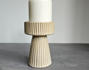 Ceramic Ribbed Pillar Candle Holder | Home Decor Items Decorative Ornament | Natural Rustic Nordic Scandi Scandinavian Accessories Hyggeat15