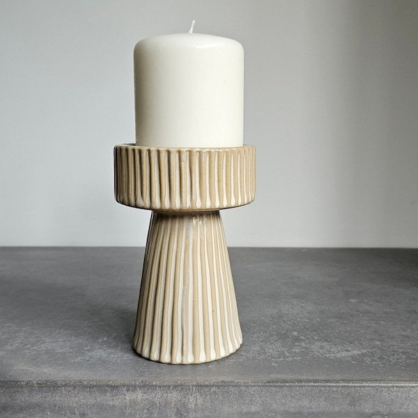 Ceramic Ribbed Pillar Candle Holder | Home Decor Items Decorative Ornament | Natural Rustic Nordic Scandi Scandinavian Accessories Hyggeat15