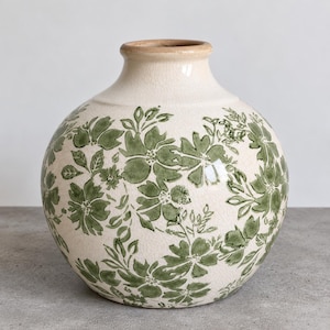 Vintage Floral Plant Pot Green Ceramic Planter Cottagecore Plant Pot | Botanical Flower Pot Rustic Crackle Glaze Planter Indoor Plant Holder