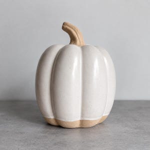 Peut inclure: Une sculpture de citrouille décorative présentant une finition émaillée blanc cassé lisse sur la partie supérieure et une base naturelle en terre cuite non émaillée. Elle possède une tige incurvée et texturée ainsi que des côtes verticales.