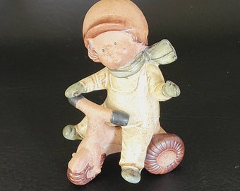 Uctci 1970s Figural Boy Riding Tricycle Stoneware Ceramic Pottery Japan Vintage