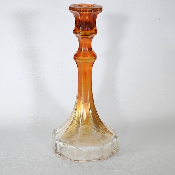 Vintage Rubigold Marigold Carnival Glass Candlestick Octogon Base 8.75" tall