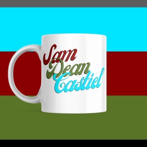Supernatural Sam, Dean, Castiel mug in retro style with SPN colors, Great SPN gift mug for fan