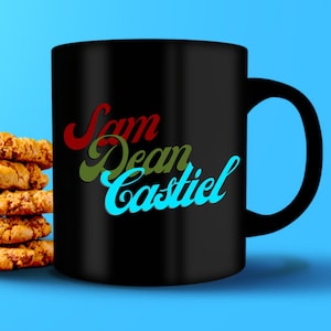 Supernatural mug, Sam, Sean, Castiel black mug in retro style with SPN colors, Great gift for a Supernatural fan, or Supernatural Convention