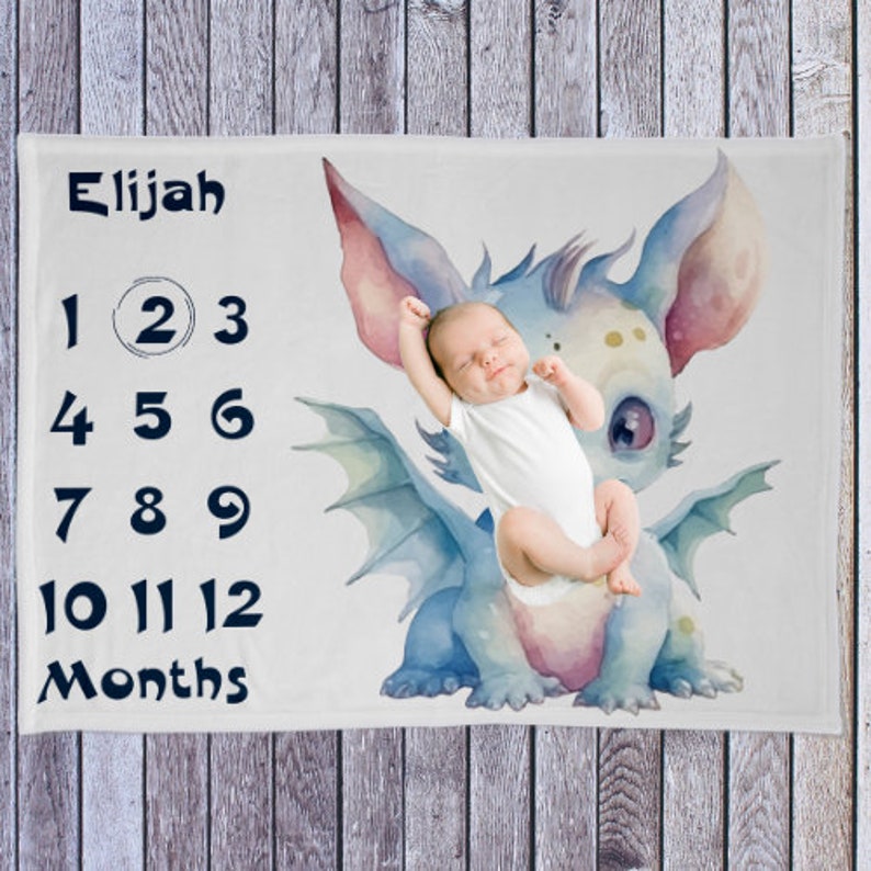 Personalized Milestone Cute Dragon Baby Blanket, Gender Neutral Baby Blanket, Growth Tracker