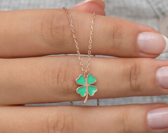 925 Sterling Silver Light Green Enameled Clover Necklace