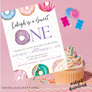 Editable Sweet One Birthday Party Invitation Template. Printable Digital Baby Girl 1st Birthday