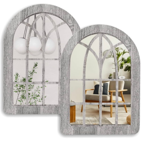 Wooden Framed Arched Wall Mirror, Farmhouse Arch Mirrors for Wall Decor, Rustic Window Arch Mirrors Wall Decor for Bathroom Bedroom