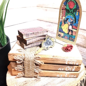 Centro de mesa de boda de La Bella y la Bestia con libros apilados, decoración de rosas de vidrieras, regalo de Disney para parejas