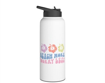 Beach More Worry Less Stainless Steel Water Bottle, Standard Lid