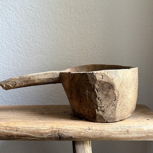 Antique Wood Mortar Bowl With Handle