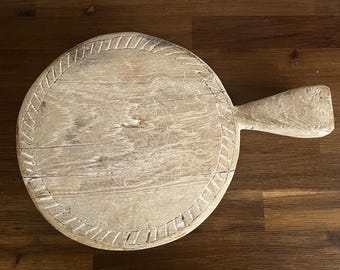 Vintage Chapati Board Bleached Wood Riser With Carved Detail