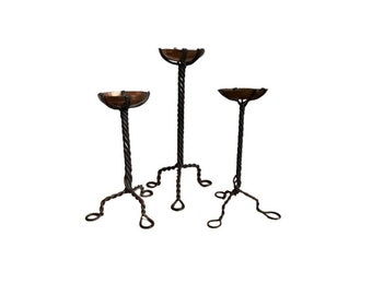 Set of Three Vintage Copper and Iron Twisted Candlesticks Brutalist Candle Holder Arts and Crafts