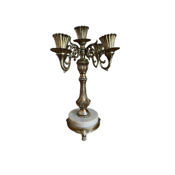 Ornate Silver Toned Vintage 5 Arm Candelabra Marble Base Hollywood Regency Gold Tones with Feet