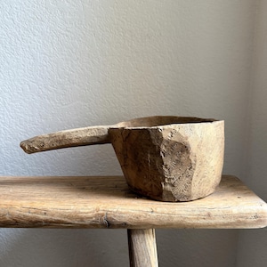 Antique Wood Mortar Bowl With Handle