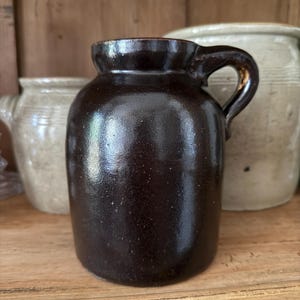 Antique Brown Glazed Handled Pottery Jar Primitive Vessel