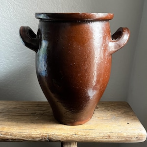 Antique European Glazed Brown Handled Vessel Belgium 1800s
