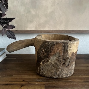 Antique Wood Mortar With Handle
